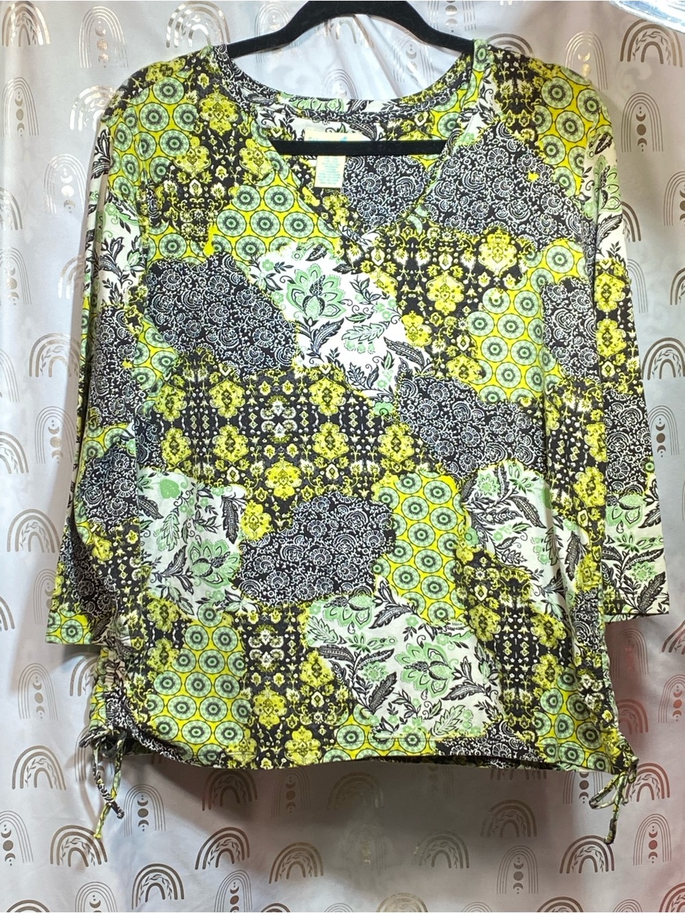 Caribbean Joe Yellow, Green and Black Patchwork Print V-Neck Top
